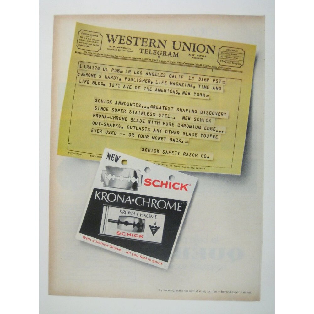 Schick Krona-Chrome Razor Blades Vintage Ad Print Western Union Telegram AD